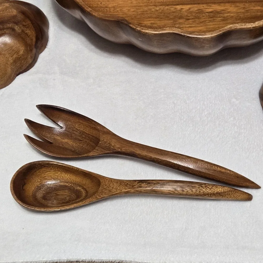 Vintage MCM Tiki Hawaiian Serving Bowl Set Teak Wood Shell‎ Shape Utensils 11 Pc